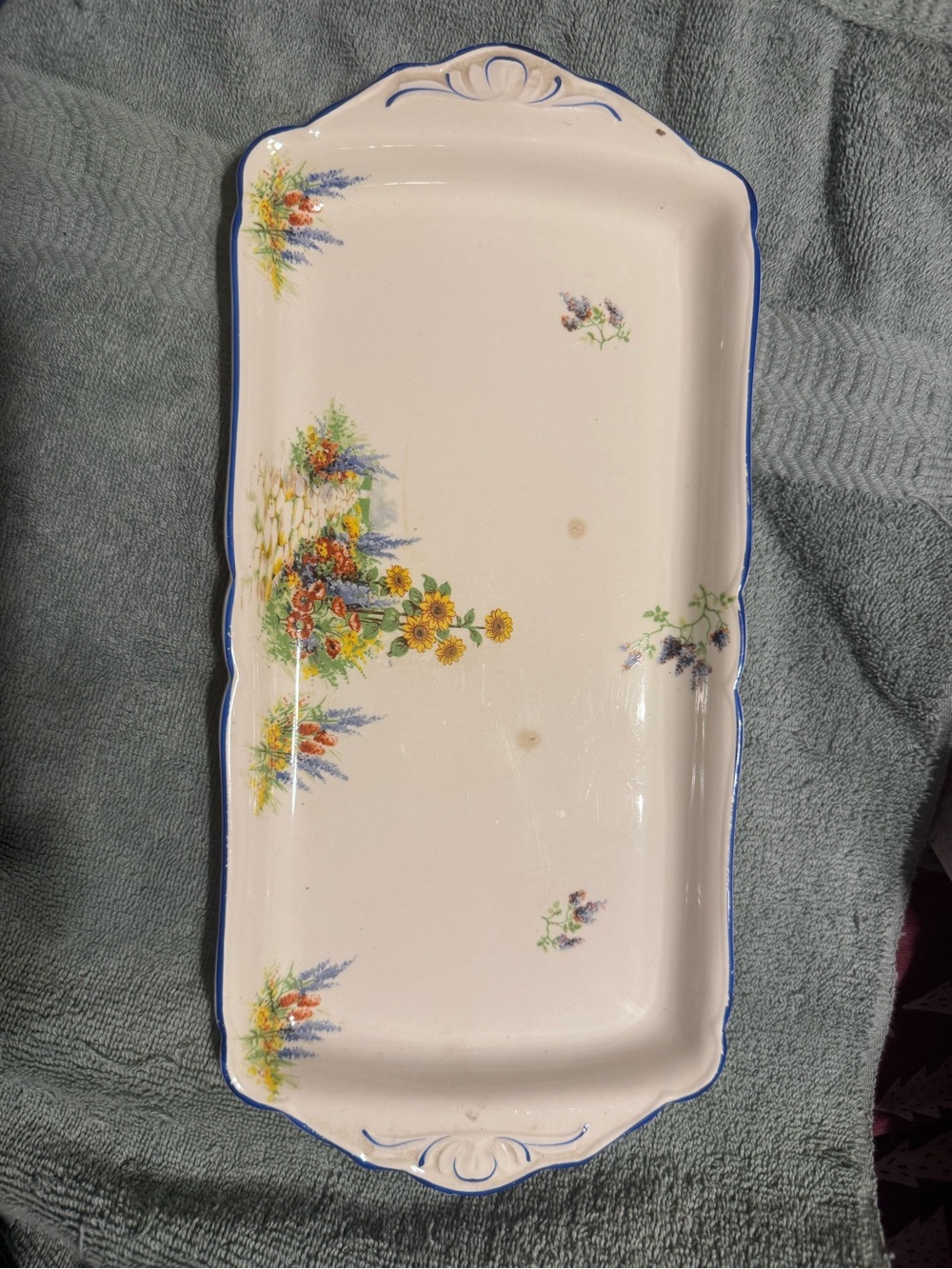 Floral Sunflower Ceramic Serving Platter with Blue Trim
